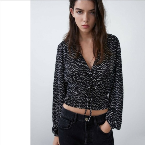 Zara Pleated Polka Dot Long Sleeve Top - Picture 5 of 6